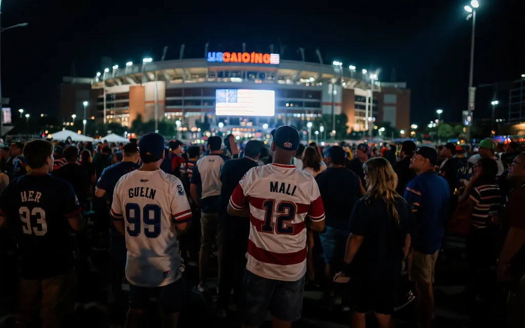 美国队球迷在球场外等待开赛的氛围感画面，象征主场期待与压力